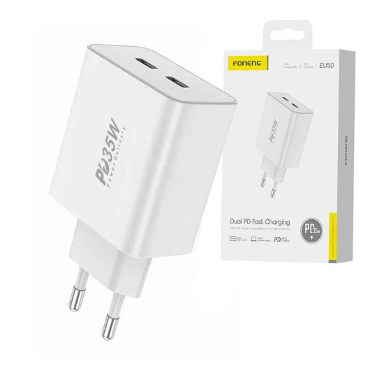 Foneng Adaptor EU50 Dual Ports (Type C+Type C) PD35W White